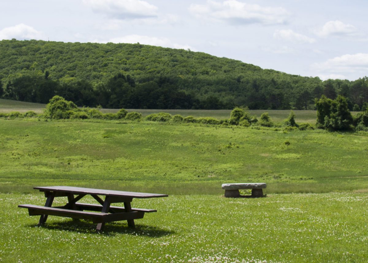 picnic table and stone bench overlooking green hayfields