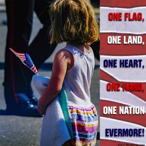 little girl watching parade holding flag and blanket