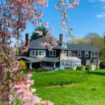 pink flowers with mansion in background