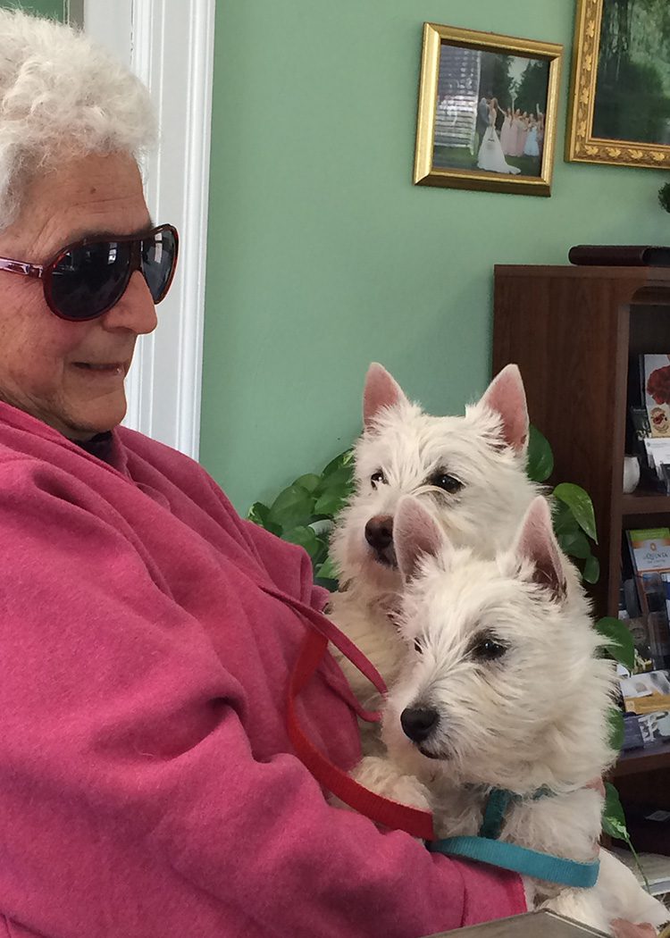 eleanor holding her two white terrier pups